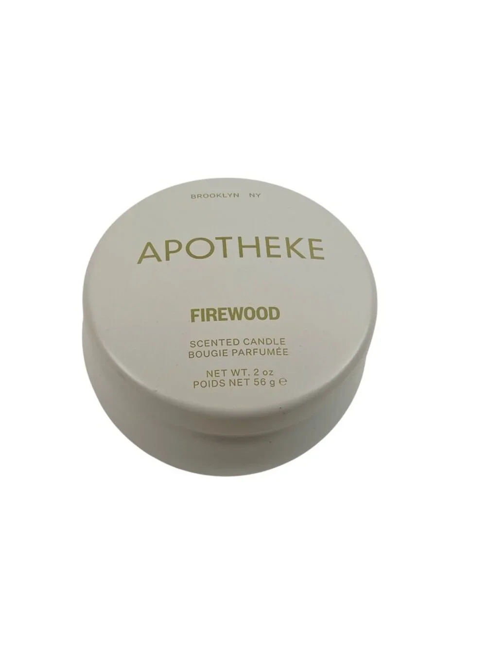 Apotheke Mini Tin Candle Firewood Scent 2oz White Tin 15 Hour Burn Time